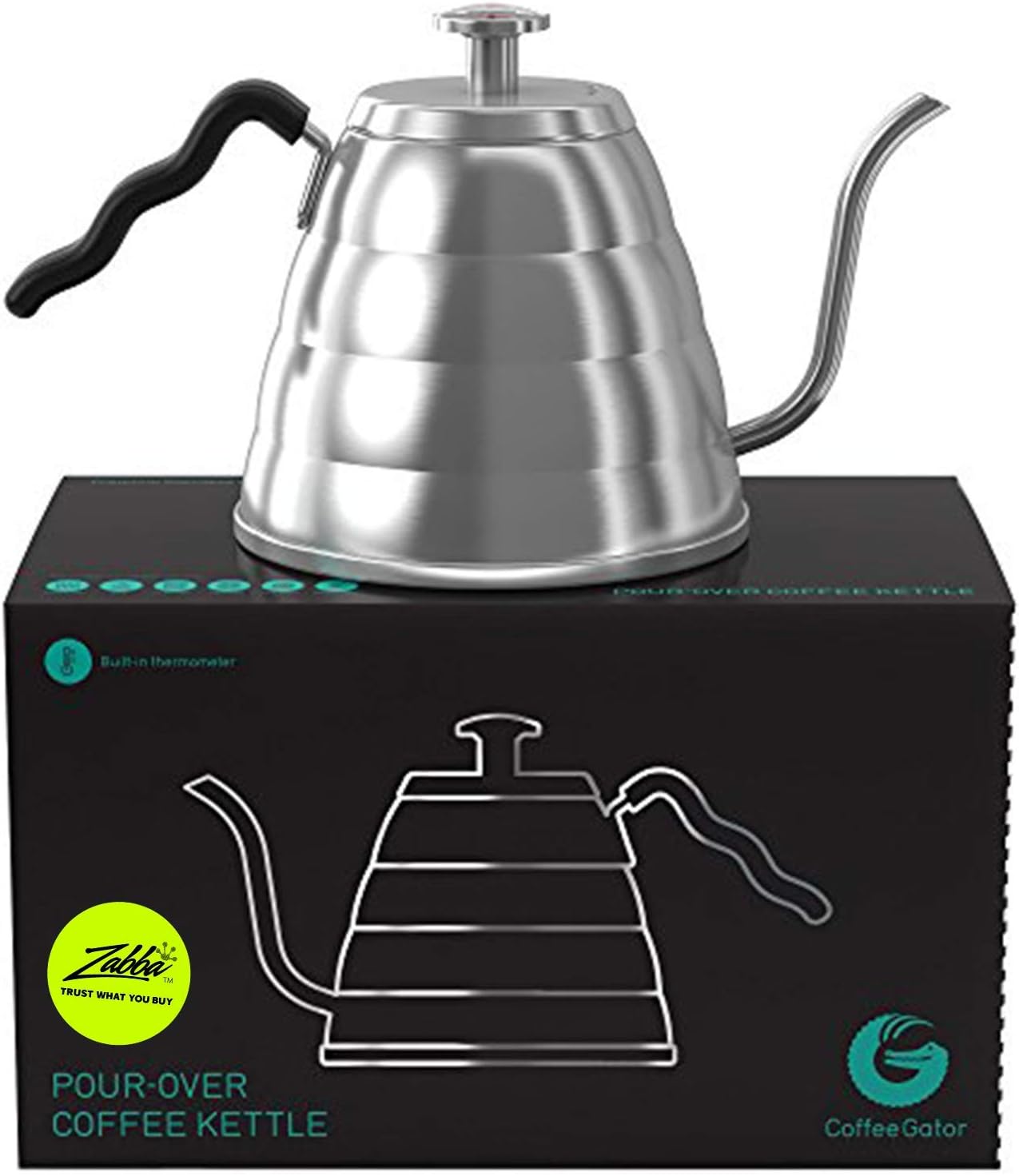 Coffee Gator Gooseneck Kettle with Thermometer - 34oz Premium Stainless Steel Pour Over Coffee Maker Kettle, Stove Top, w/Precision Drip Spout, for Drip Coffee, French Press, Tea Kettle, 4 Cup, 1L