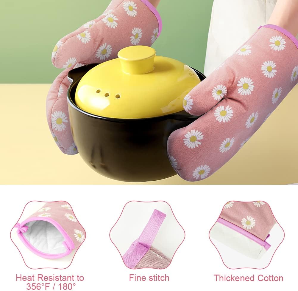 AUAUY Oven Mitts and Potholders, BBQ Gloves Heat Resistant, 1 Pair Oven Mitts and 2 Pot Holders, Cotton Non-Slip Cooking Gloves for Cooking Baking Kitchen Microwave Pizza(Daisy-Pink)