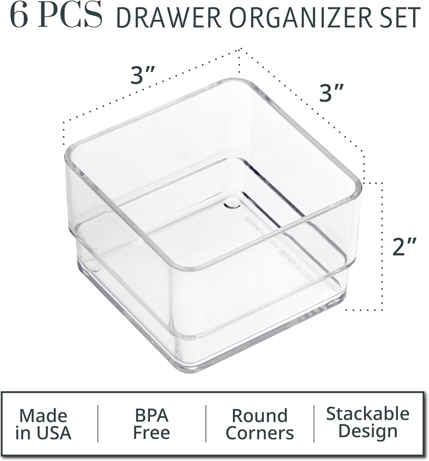 STORi SimpleSort 6-Piece Stackable Clear Drawer Organizer Set | 3" x 3" x 2" Square Trays | Small Makeup Vanity Storage Bins and Office Desk Drawer Dividers | Made in USA