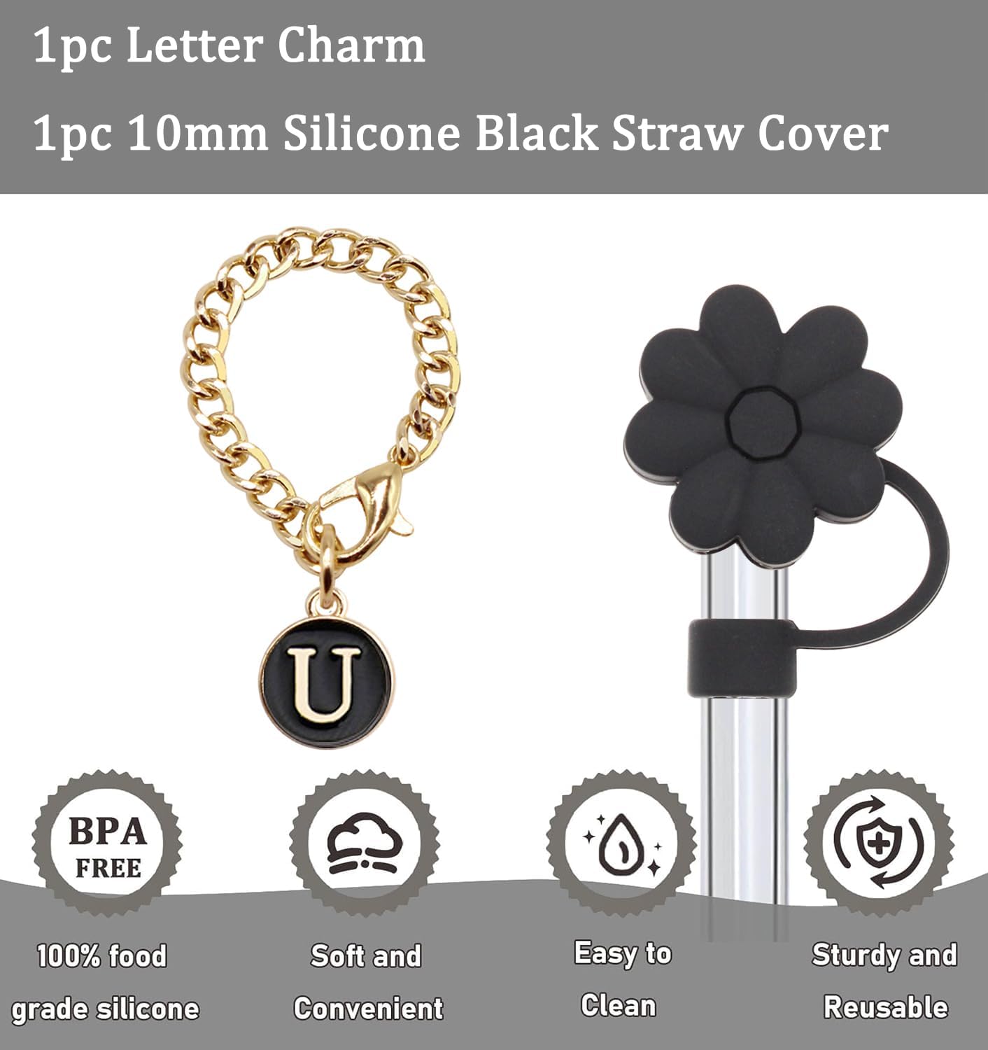 Stanley Cup Accessories, 1pc Flower Stanley Straw Cover Silicone Straw Topper for Stanley 30&40 oz Tumbler with Handle and 1pc Initial Letter Charm for Stanley Cup (Letter U)