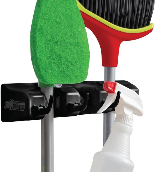 GORILLA GRIP Wall Mount Hook Fixture, Also Includes Slots to Hold Mop, Broom, Tools, Easy Install, Organize Cleaners, Tools, Home, Kitchen, Garage, 4 Hooks 3 Slots, Black