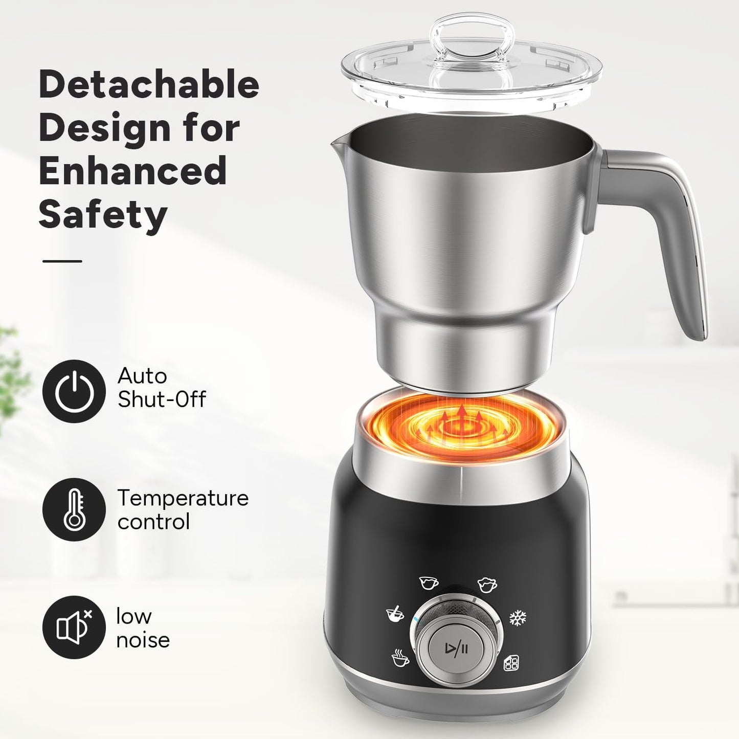 6-in-1 Electric Milk Frother and Steamer with Detachable Cups, Automatic Cold and Warm Foam Maker for Lattes/Cappuccinos/Hot Chocolate, Dishwasher Safe Black