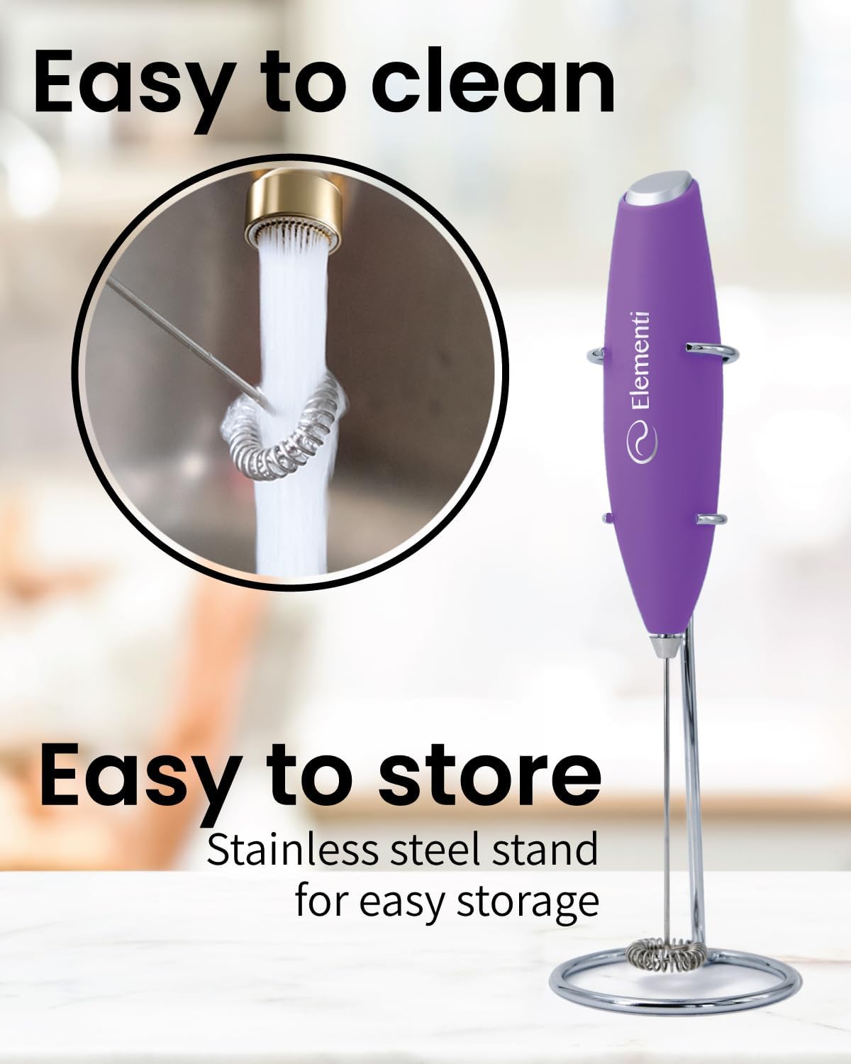 Elementi Milk Frother Wand & Drink Mixer - High Powered Hand Blender, Handheld Coffee Mixer Wand with Stand - Milk Foamer to Make Perfect Cappuccino Lattes & Hot Chocolate at Home (Purple)