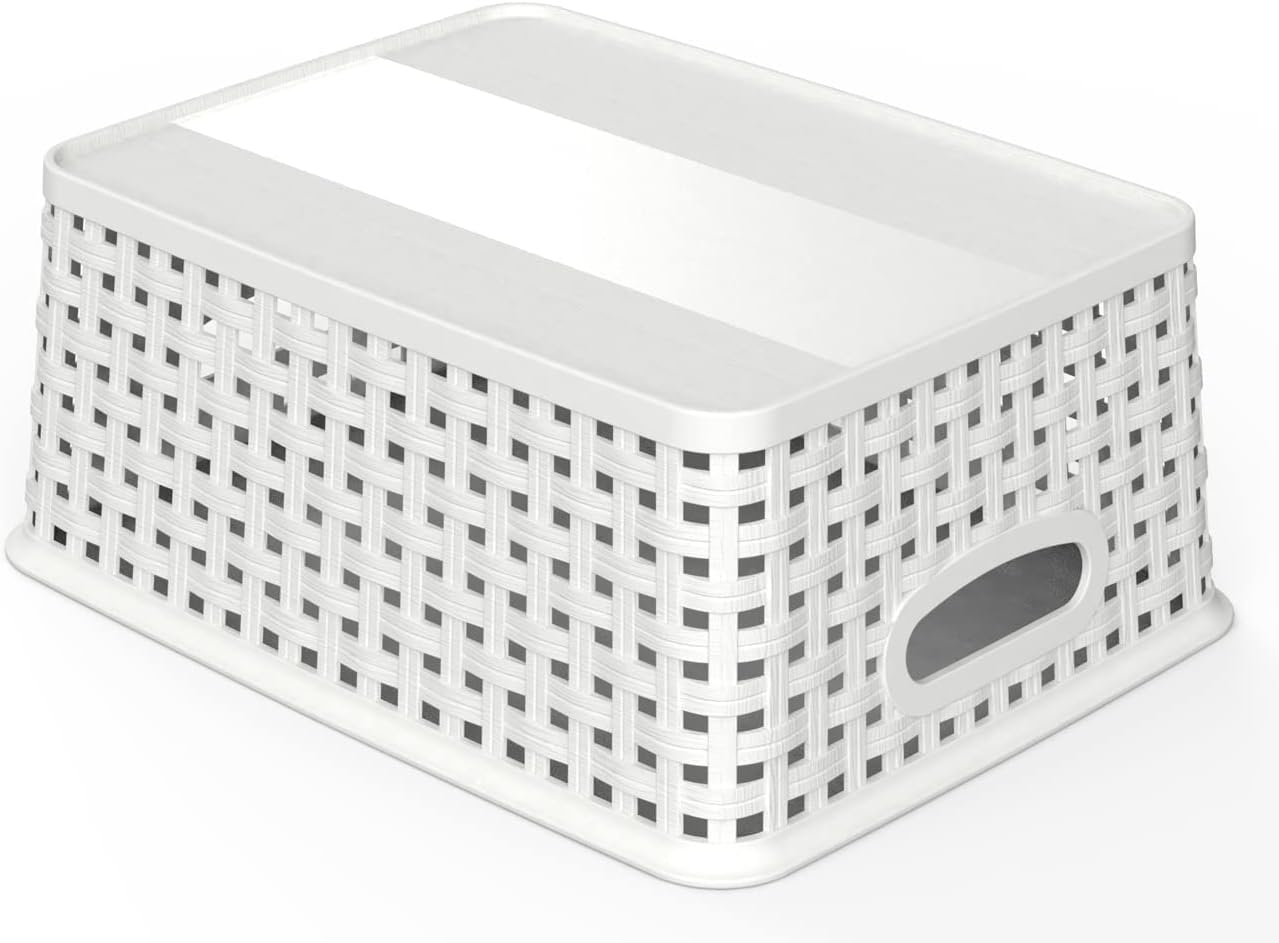 Woven Plastic Storage Baskets, 6 Pack White Weave Bins Organizer, 10.1" x 7.55" x 4.1"