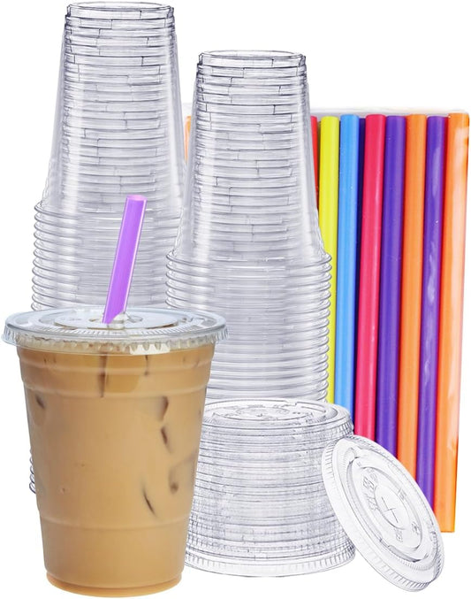 GUSTO [16 oz. - 100 Count Clear Cups with Flat Lids & Straws - Disposable Clear Drinking Cups for Iced Coffee, Cold Drinks, Milkshakes, and Smoothies - Formerly Comfy Package