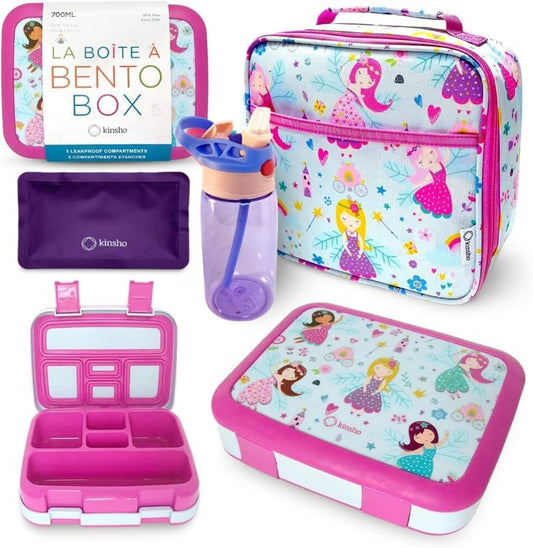 Bento Box, Lunch Bag, Ice Pack Water Bottle Set for Kids - 5 Compartments, Removable Tray, Lunches or Snack Container Girls Toddlers Daycare Pre-School, Kindergarten Pink Purple Fairy Princess