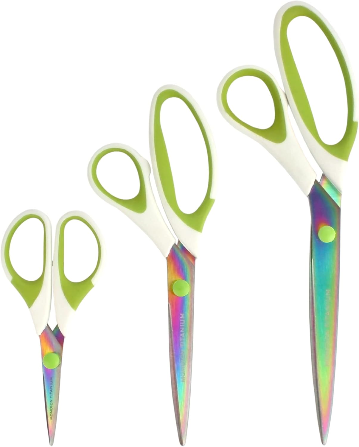 BambooMN Titanium Softgrip Scissors Set for Sewing, Arts, Crafts, Office - 1 Set of 3 - White w/Green Inlays