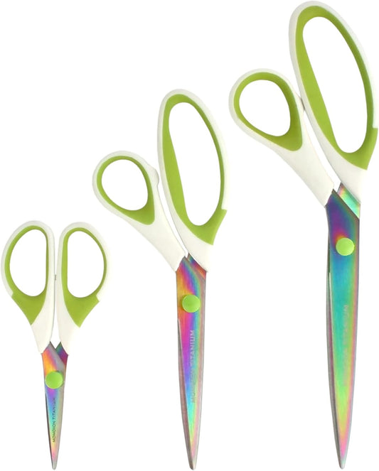BambooMN Titanium Softgrip Scissors Set for Sewing, Arts, Crafts, Office - 10 sets of 3 - White w/Green Inlays