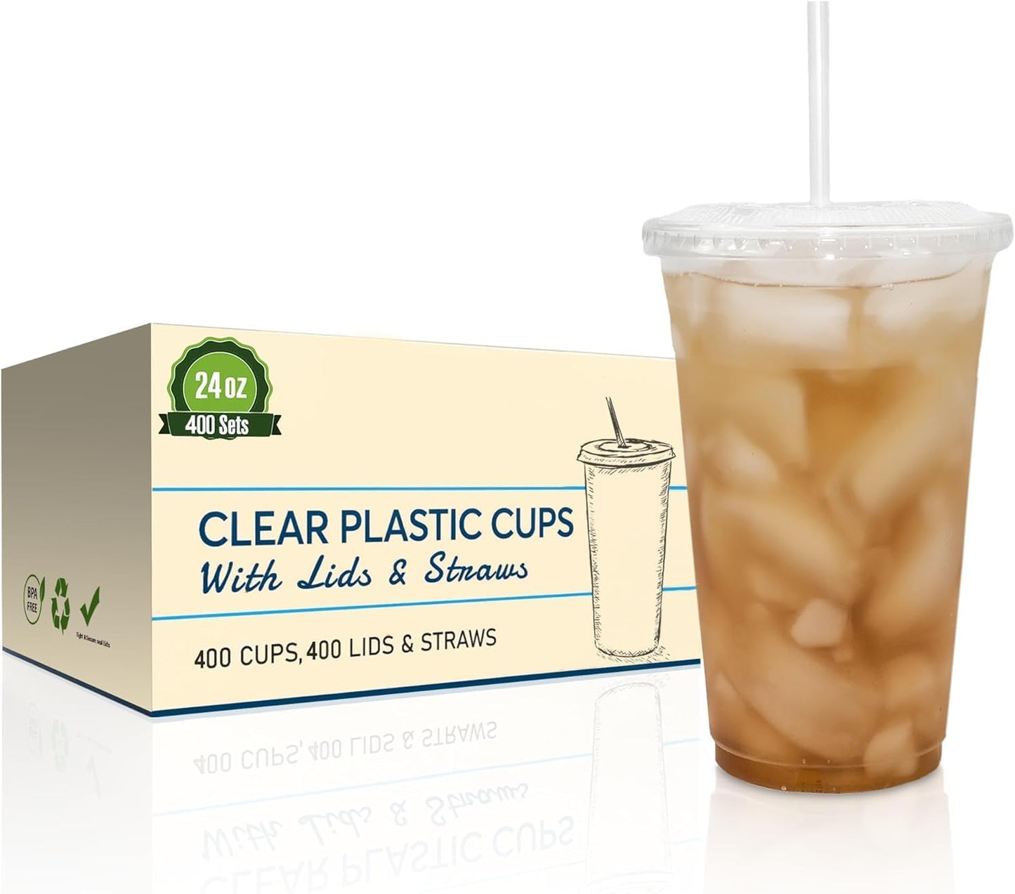 SafeWare Disposable 24oz Clear Plastic Cups with Flat Lids and Straws 400 Sets (4 box of 100)