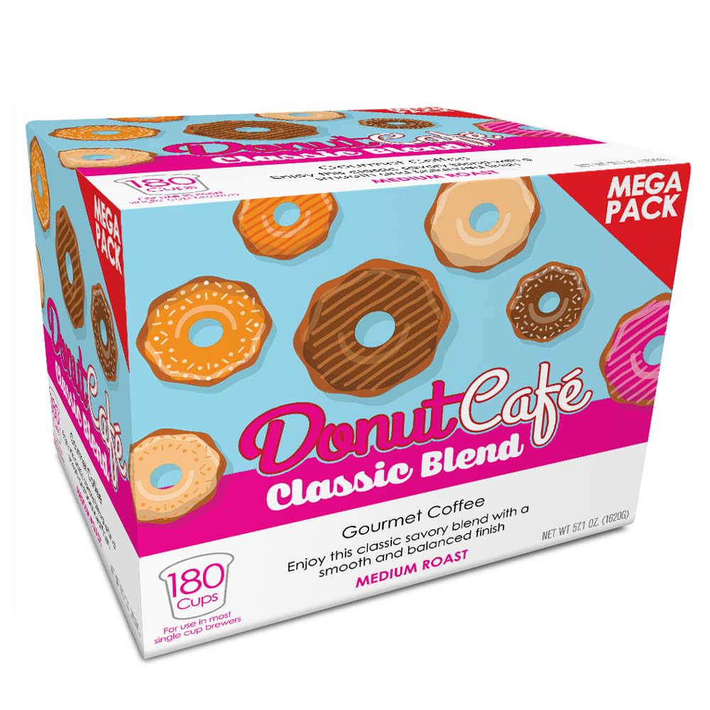 Donut Cafe Single Serve Coffee Pods for Keurig K-Cup Brewers, Classic Blend, Medium Roast, 180 Count Mega Pack