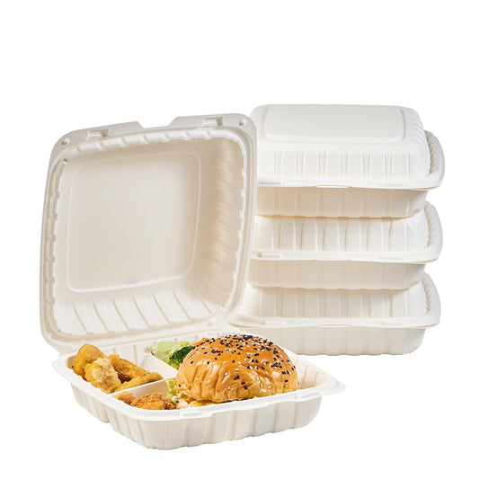 FULING 9X9 3 Compartment 50-Pack Plastic Clamshell Take Out Food Containers, Heavy Duty Disposable To-go Box For Cake, Sandwich, Salad, Dessert