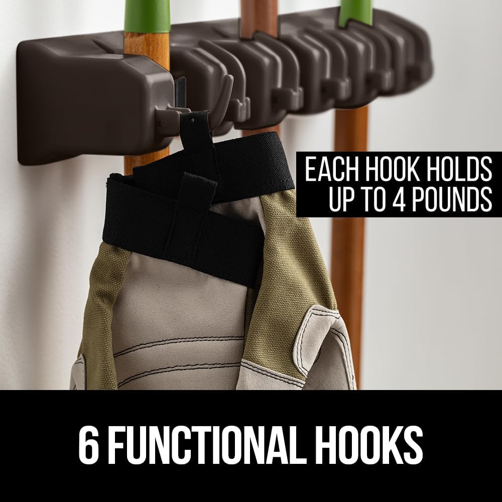 GORILLA GRIP Wall Mount Hook Fixture, Also Includes Slots to Hold Mop, Broom, Tools, Easy Install, Organize Cleaners, Tools, Home, Kitchen, Garage, 6 Hooks 5 Slots, Brown