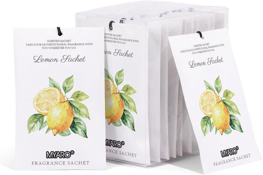 MYARO 12 Packs Lemon Scented Sachets for Drawer and Closet - Long Lasting Bathroom Odor Deodorizer Fresh Scents Car Air Refrehener Home Fragrance