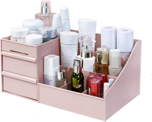 Simbuy Makeup Organizer for Vanity— Bathroom Countertop Cosmetics Organizer with Drawers for Lipstick, Brushes, Lotions, Eyeshadow, Nail Polish and Jewelry (Pink)