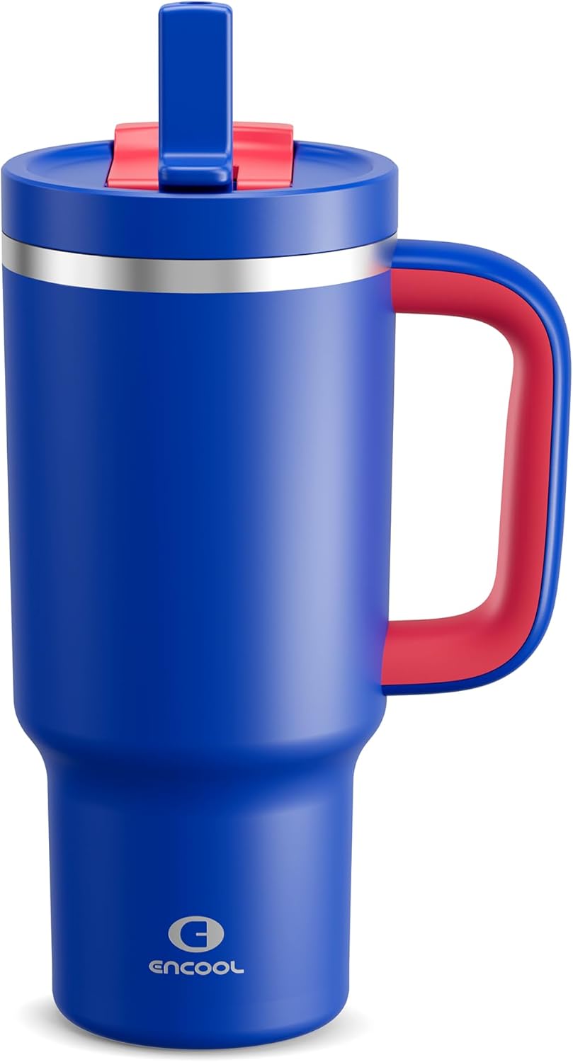 32 oz Tumbler with Handle and Straw: Stainless Steel Insulated Tumbler Keeps Cold for 24 Hours, Leakproof Travel Cup Fits in Cup Holder and BPA-Free,Beaucoup Blue