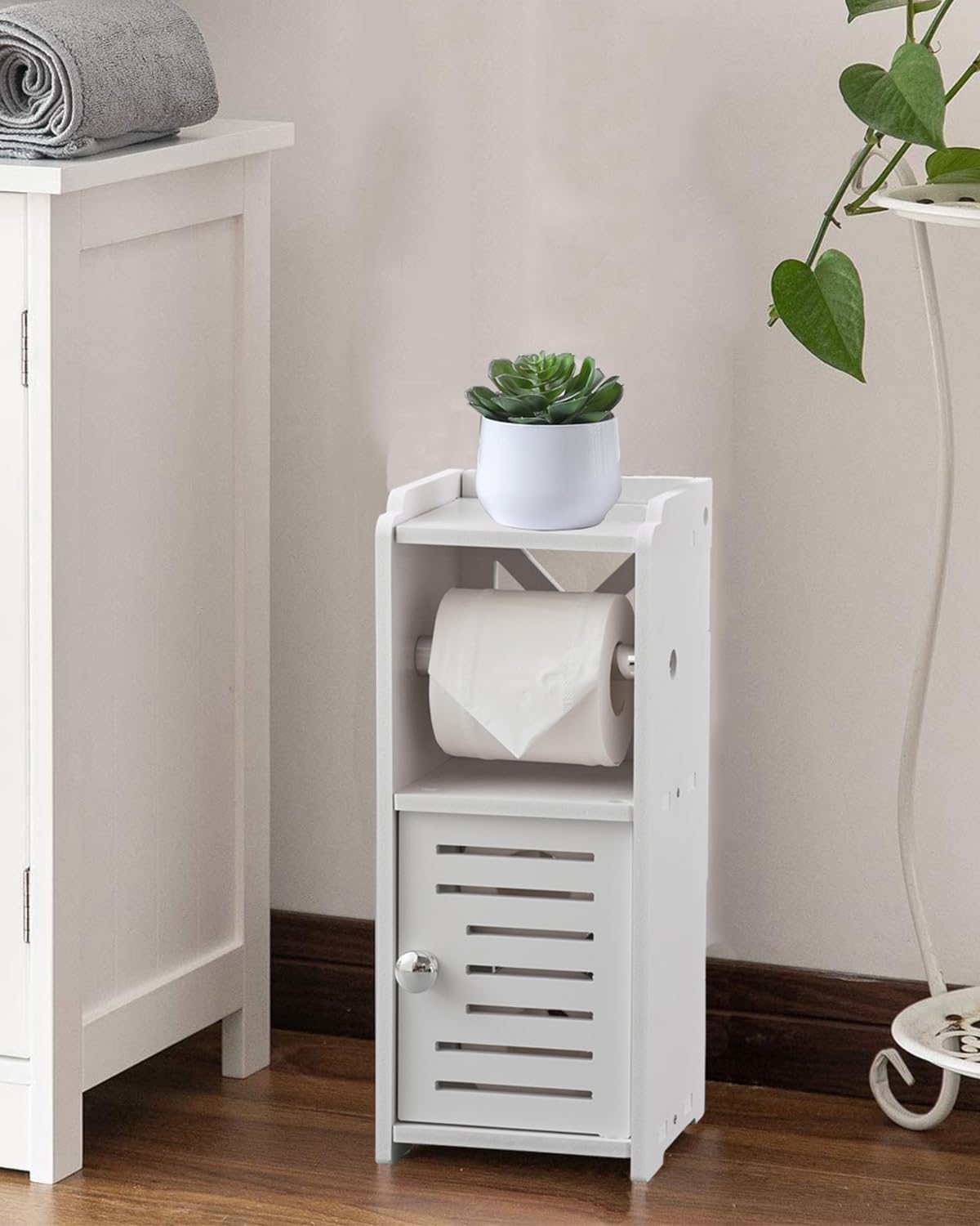 AOJEZOR Toilet Paper Holder Stand: Free Standing PVC Bathroom Cabinet - Small Bathroom Storage for Apartment Dwellers - White