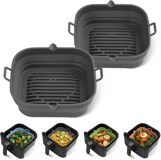 [2 Pack] Silicone Air Fryer Liners Square - Reusable Airfryer Basket - Easy to Clean Air Fryers Pot for 5.8 to 8 Qt Large Air Fryer Baking Tray Oven Accessories, 8.5 Inch
