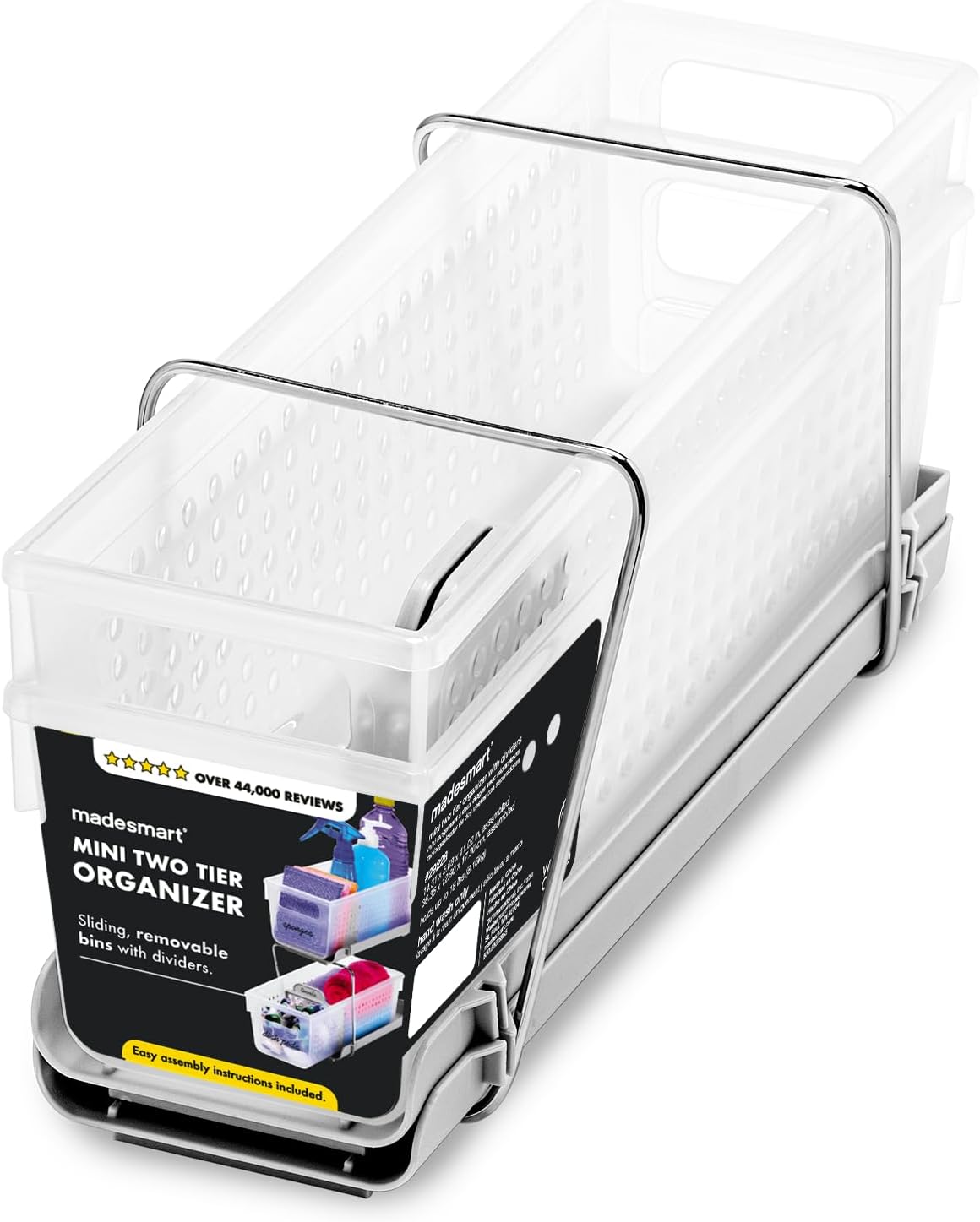 Madesmart 2-Tier Plastic Mini Multipurpose Organizer with Divided Slide-Out Storage Bins, Compact Under Sink and Cabinet Organizer Rack, Frost