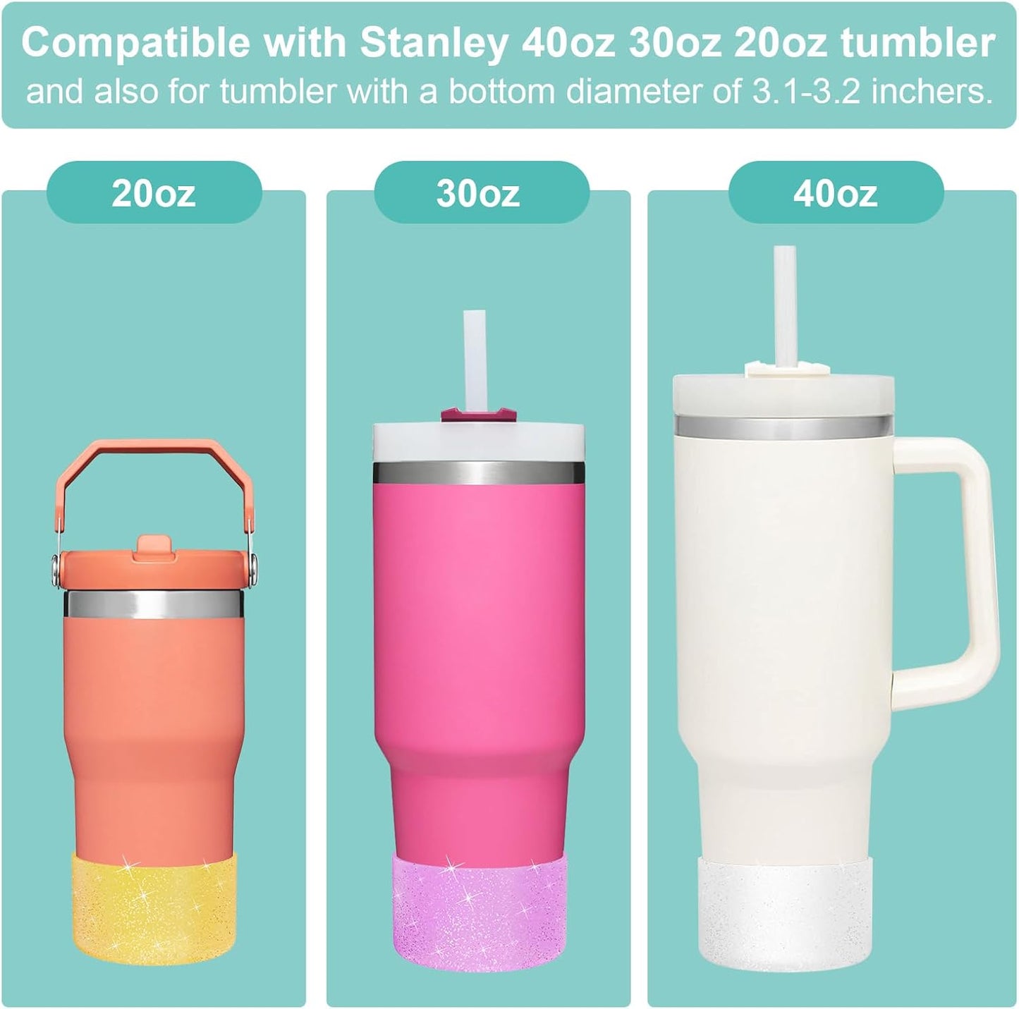 Upgrade 2PCS Protective Silicone Boot Bumper for Stanley Quencher Adventure 40oz 30oz IceFlow 20oz 30oz Tumbler, Water Bottle Bottom Sleeve Cover Accessories for Stanley Mug Cup(Glitter Silver)
