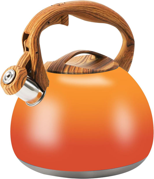 Tea Kettle Stovetop, 3.2Qt Stainless Steel Tea pots with Wood Grain Handle Food Grade Whistling Tea kettle,Induction/Gas Stoves (Orange-Red Gradient)