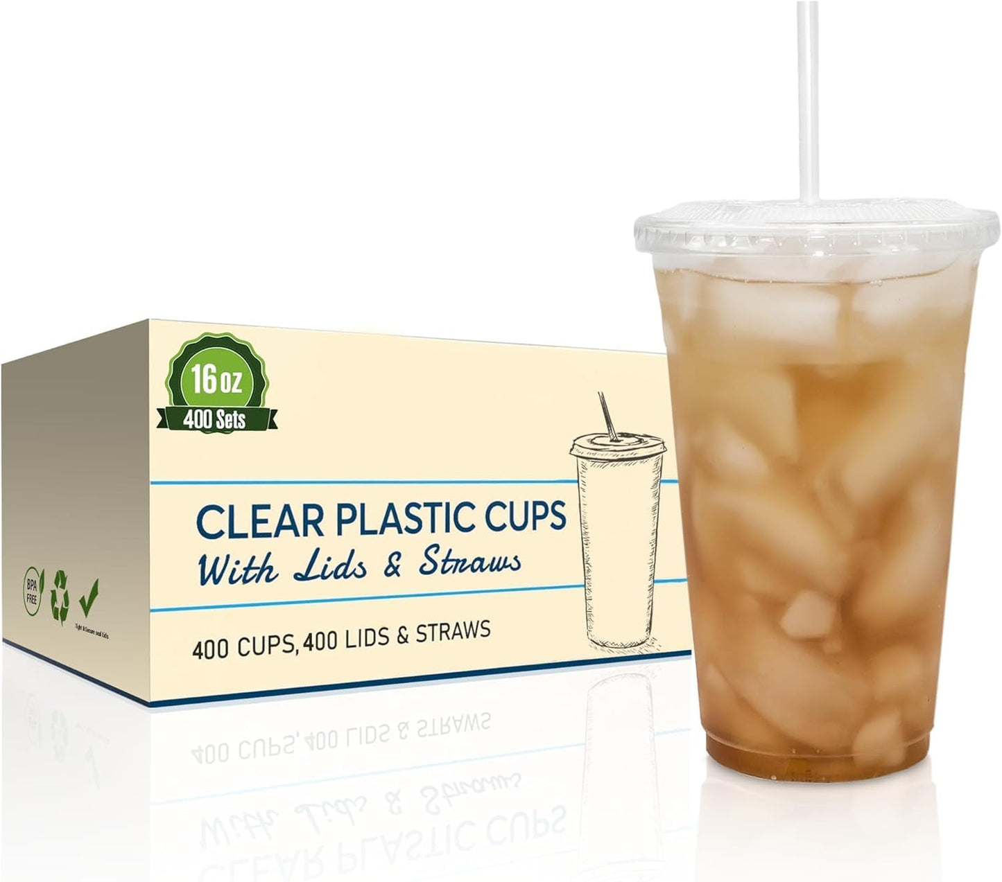 SafeWare Disposable 16oz Clear Plastic Cups with Flat Lids and Straws 400 Sets (4 box of 100)