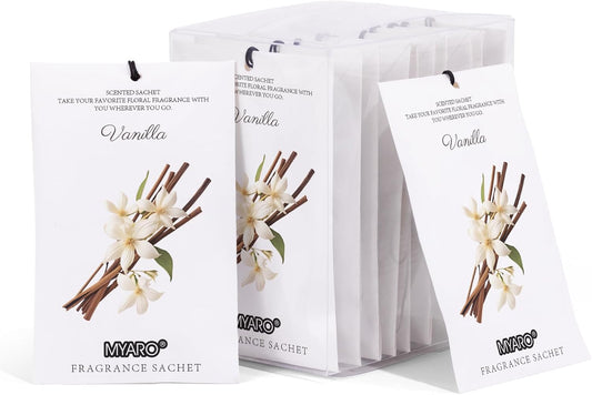 MYARO 12 Packs Vanilla Scented Sachets for Drawer and Closet, Long-Lasting Closet Sachet Bags Drawer Deodorizers Fresh Scents, Home Fragrance for Lover