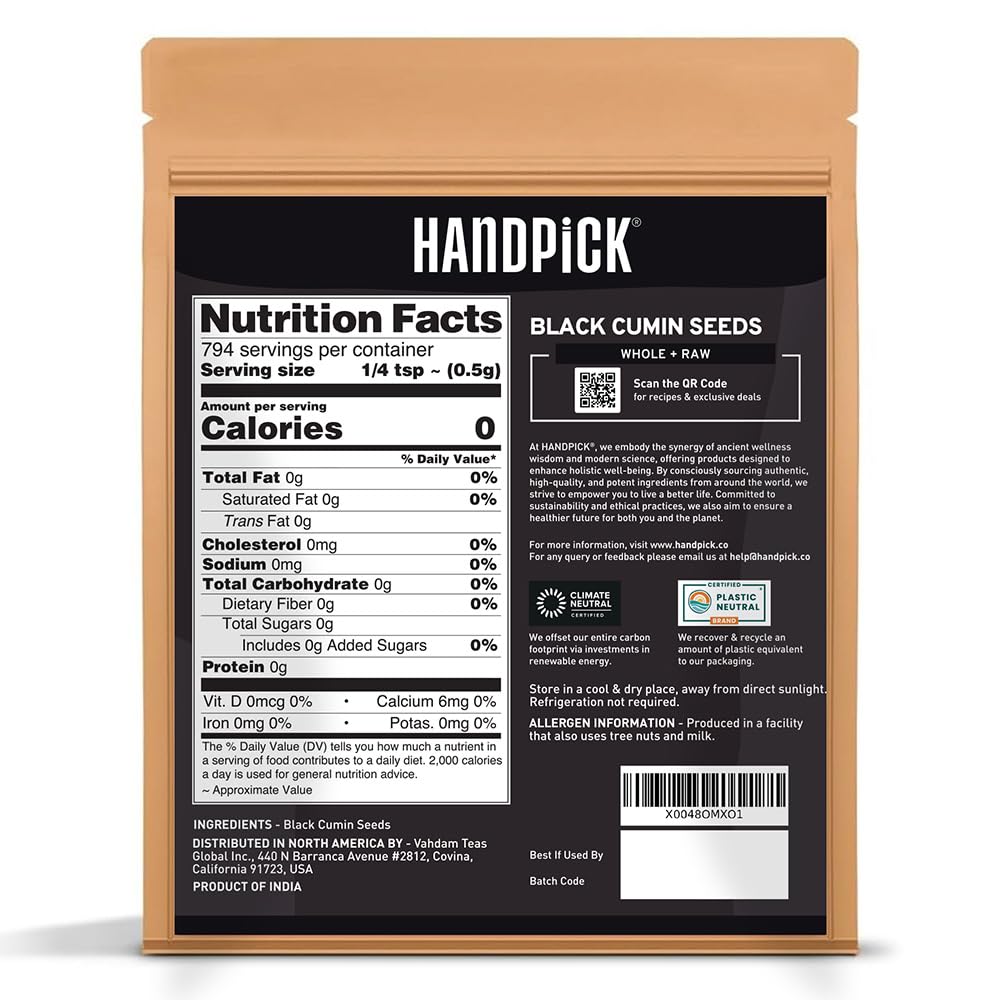 HANDPICK Black Cumin Seed (14oz) Pure Nigella Seeds - No Salt or Preservatives, Non GMO | Indian Black Whole Cumin | Gluten Free, Aromatic & Farm Fresh Kalonji | Resealable Zip Lock Pouch