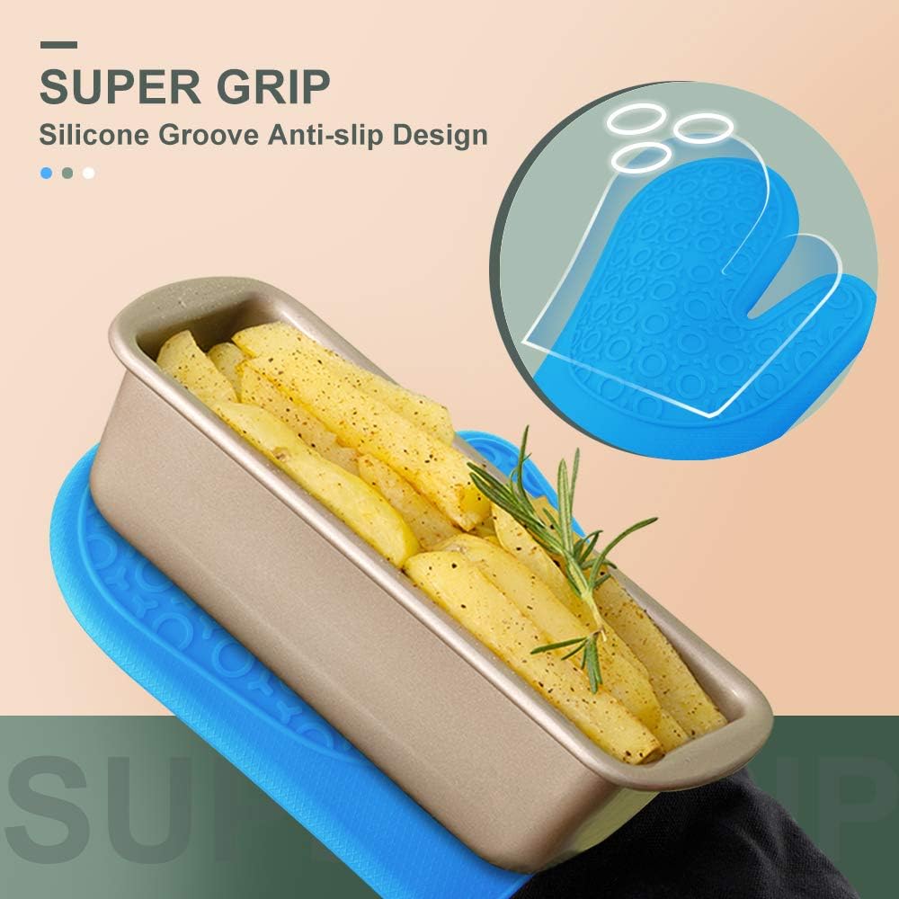 sungwoo Extra Long Silicone Oven Mitts, Heat Resistant Oven Gloves with Quilted Liner Non-Slip Textured Grip Perfect for BBQ, Baking, Cooking and Grilling - 1 Pair 14.6 Inch Blue & Black