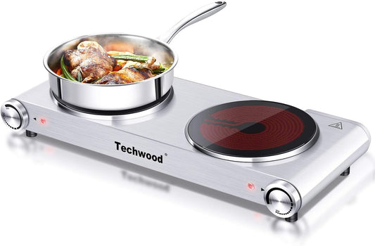 Hot Plate, Techwood 1800W Dual Electric Stoves, Countertop Stove Double Burner for Cooking, Infrared Ceramic Hot Plates Double Cooktop, Silver, Brushed Stainless Steel Easy to Clean Upgraded Version