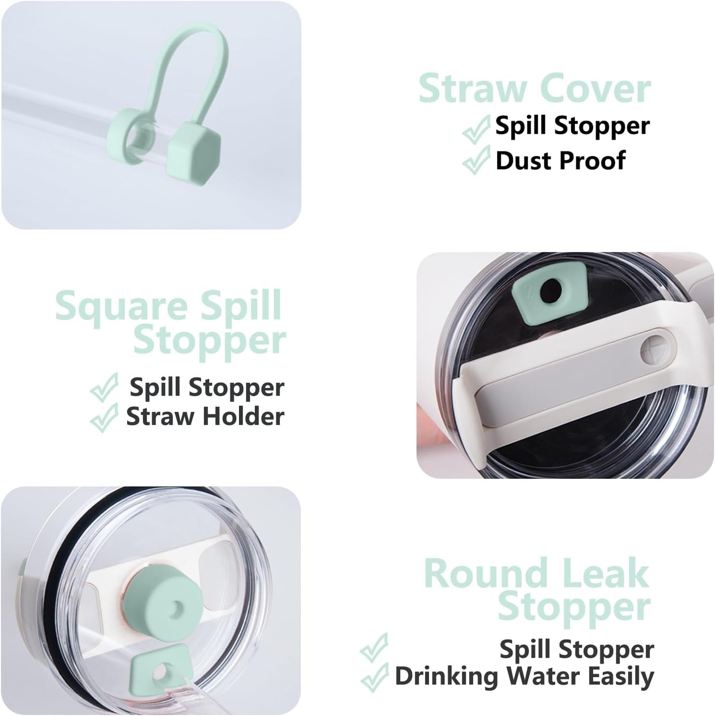 Silicone Spill Stopper Set Compatible with Stanley Cup 2.0 30oz & 40oz with Straw Cover (Set of 2, Seafoam)