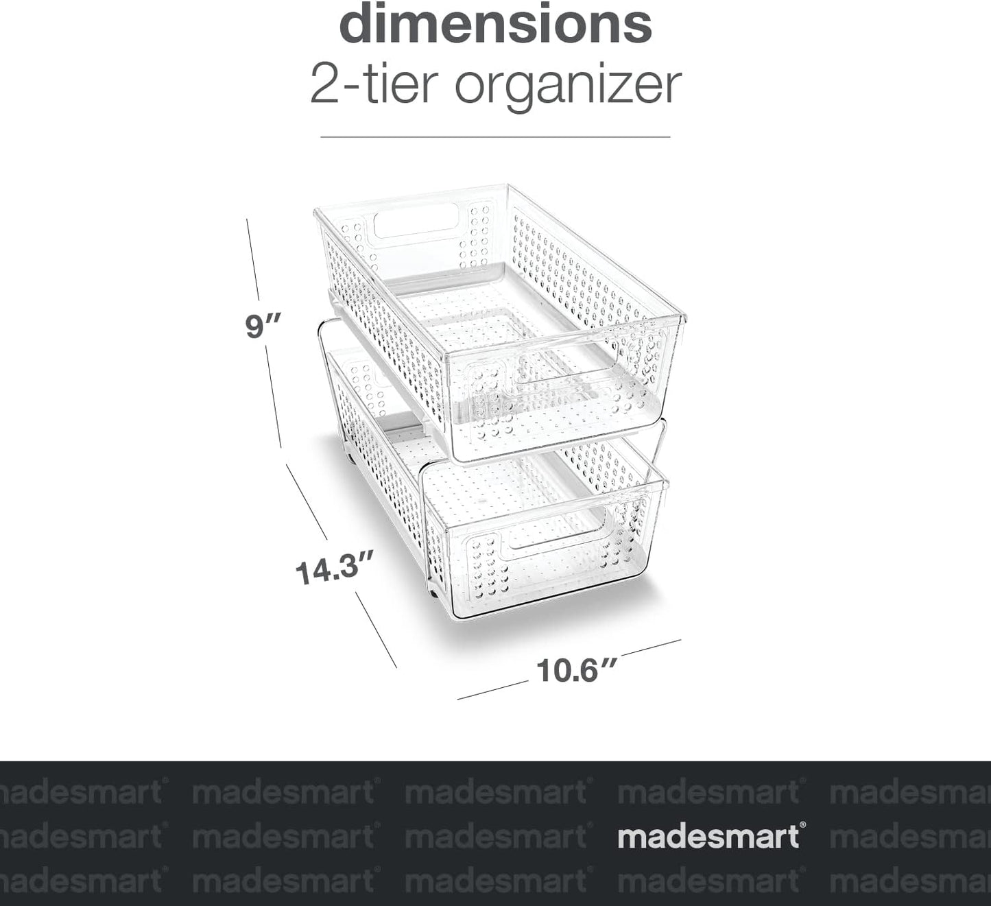 madesmart 2-Tier Organizer, Multi-Purpose Slide-Out Storage with Handles and Dividers for Home and Bath, Easy Assembly, BPA Free, Clear