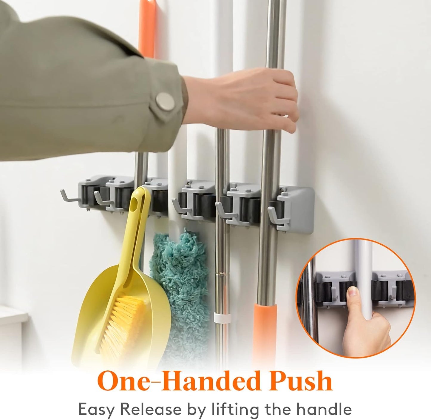 Lifewit Mop and Broom Holder Wall Mount, Anti-Slip Broom Hanger for Kitchen Organization, Heavy Duty Cleaning Supplies Organizer, Easy Install Tool Organizer for Closet, Garage, 5 Slot 6 Hooks, Grey