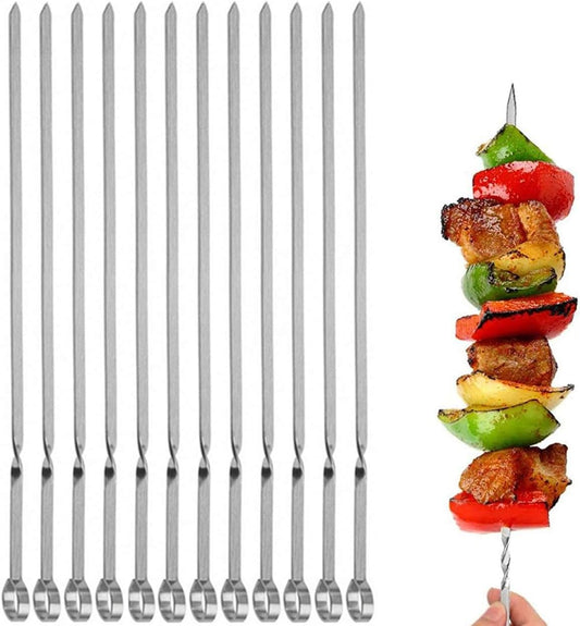 12PCS Kabob Skewers Flat Metal Stainless Steel BBQ Barbecue Skewer 14" Anti-Roll Heavy Duty Shish Kebob Sticks Wide Reusable Grilling Skewers Set for Meat Shrimp Chicken Vegetable Kebab Fork Sausage…