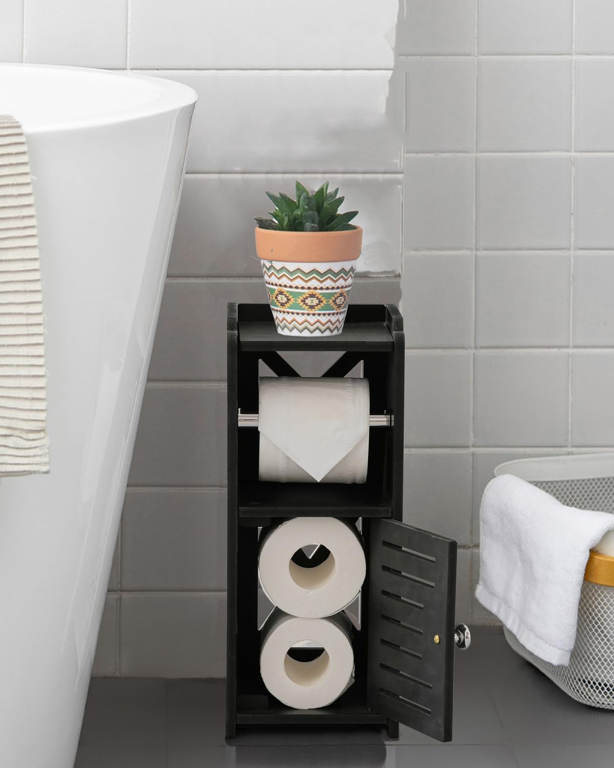 AOJEZOR Toilet Paper Holder Stand: PVC Freestanding Bathroom Cabinet Storage for Apartment Dwellers - Slim Bathroom Storage - Black