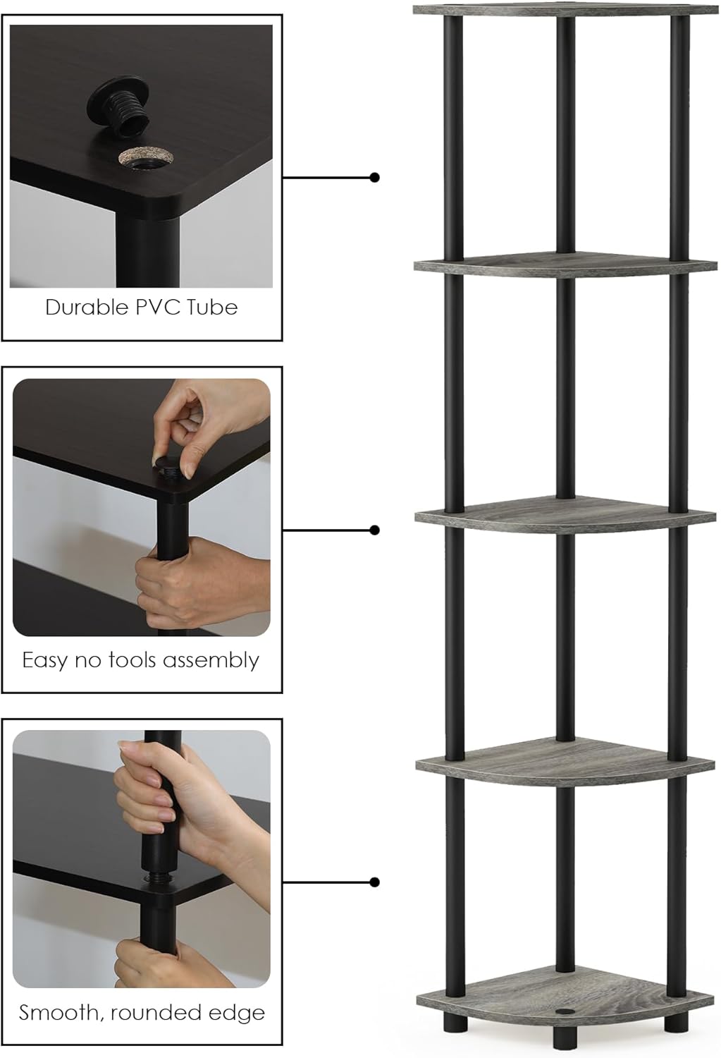 Furinno TURN-N-TUBE Corner Shelf Set of 2, 5-Tier Corner Bookshelf, Open Storage Shelves, for Organization and Storage, Living Room, Home Office, Garage, French Oak