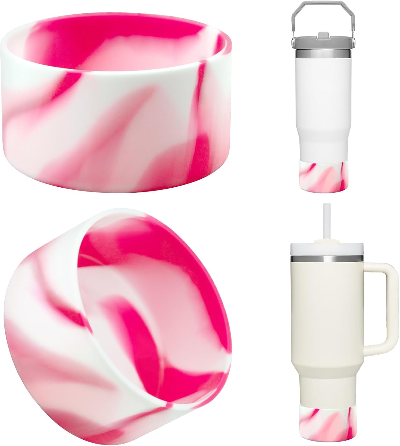 Upgrade 2PCS Protective Silicone Boot Bumper for Stanley Quencher Adventure 40oz 30oz IceFlow 20oz 30oz Tumbler, Water Bottle Bottom Sleeve Cover Accessories for Stanley Mug Cup(Rose Red+White)