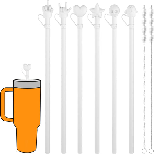 Halloween Party Favors 2025, Doboli Replacement 12 Inch Long Silicone Straw With Cover, Compatible with Stanley Owala 40 oz 30 oz Cup Tumbler, Funny 6 Pack Reusable Straw with Cleaning Brush