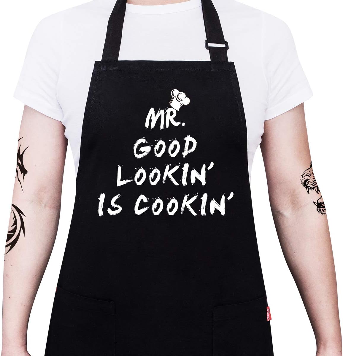 Kitchen Chef Apron - MR. GOOD LOOKIN' IS COOKIN' Funny Aprons for Men Dad - Adjustable Bib Apron with 2 Pockets and 40" Long Ties, Perfect for Cooking, Grilling, BBQ, Baking - Black
