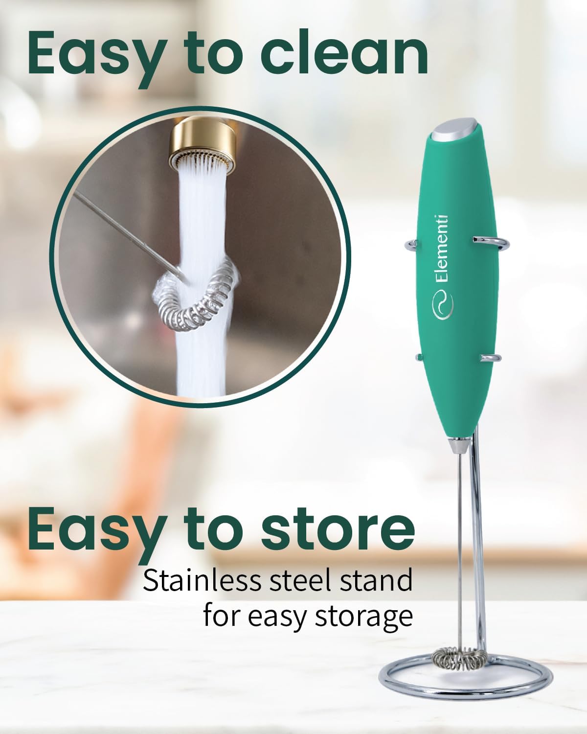 Elementi Matcha Whisk & Frother Set - Powerful Electric Matcha Mixer for Powder, Easy to Use Electric Whisk Kit - Craft Effortless Lattes with the Elementi Milk Frother Wand & Wisk (Emerald Green)