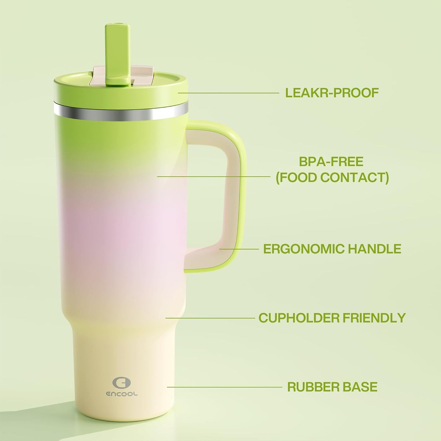 ENCOOL 40 oz Tumbler with Handle and Straw: Stainless Steel Insulated Tumbler Keeps Cold for 24 Hours, Leakproof Travel Cup Fits in Cup Holder and BPA-Free, Morning Dew