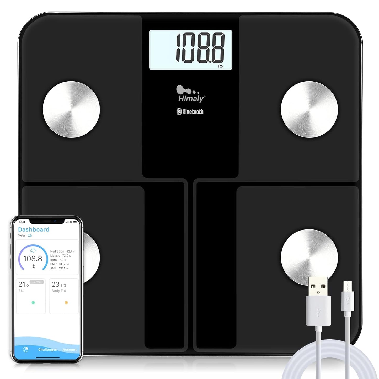 himaly Smart Rechargeable Body Fat Scale, Digital Bathroom Scale Bluetooth for Accurate BMI Body Fat Scale Muscle Mass Composition Monitor with App, 400 lbs