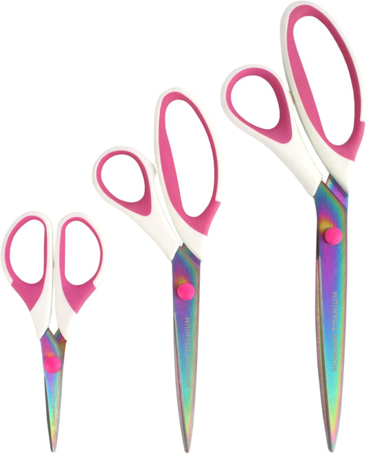 BambooMN Titanium Softgrip Scissors Set for Sewing, Arts, Crafts, Office - 10 sets of 3 - White w/Pink Inlays