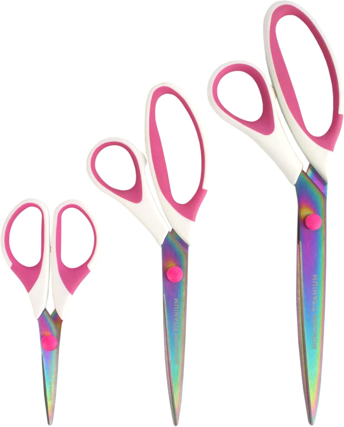 BambooMN Titanium Softgrip Scissors Set for Sewing, Arts, Crafts, Office - 30 Sets of 3 - White w/Pink Inlays