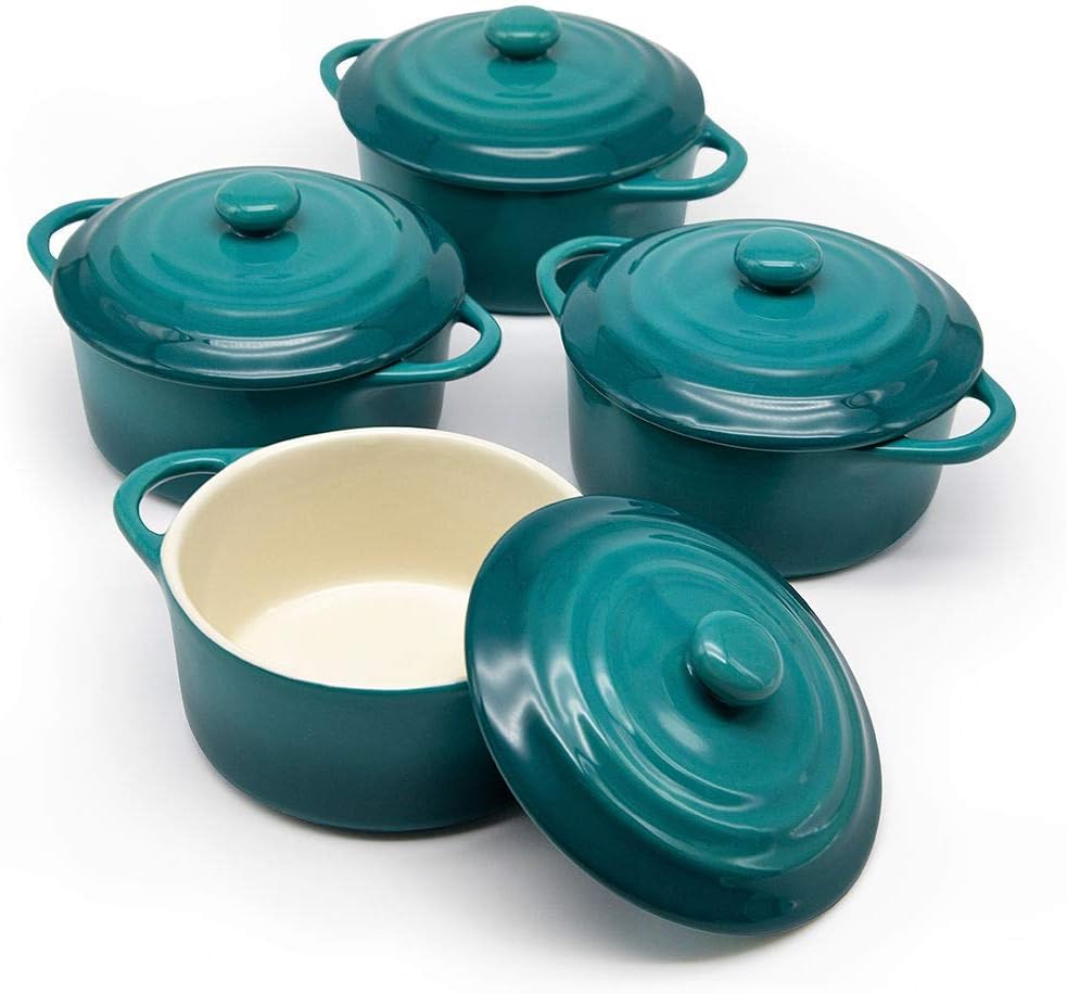 Kook Ceramic Mini Cocotte Set, Small Casserole Dishes with Lids and Handles, Individual Baking Ramekins, Oven, Microwave & Dishwasher Safe, Stoneware, 12 oz, Set of 4 (Aqua Ombre)