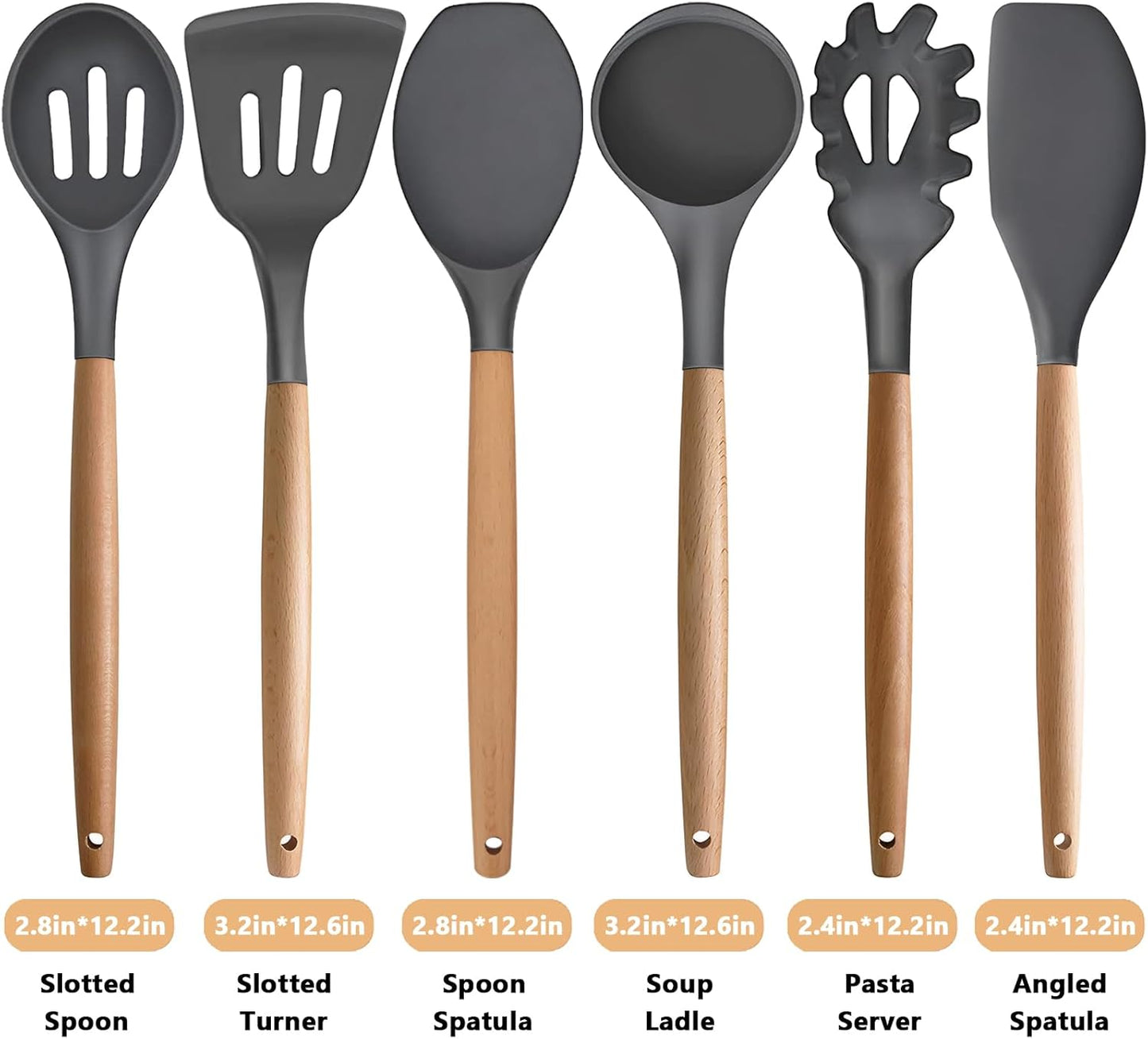 Kitchen Cooking Utensils Set, 6Pcs Silicone Kitchen Utensils Set Spatula Spoon Soup Ladle Turner, Heat Resistant Wooden Handle Silicone Cooking Gadgets for Nonstick Cookware & Baking BPA FREE