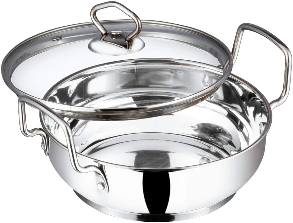 Vinod Stainless Steel Kadai with Glass Lid Extra Thick SAS Heavy Base Kadai for Cooking Induction and Gas Compatible 125 oz 10.14 in 2-Year Silver