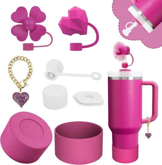 Stanley Cup Accessories Set,Including 2 Pcs 0.4in Straw Cover, 1 Silicone Spill-Proof Stopper Set of 3, 1 Cute Heart Handle Charm, 1 Silicone Boot Fits Stanley 40&30 Oz Tumbler (Fuchsia)