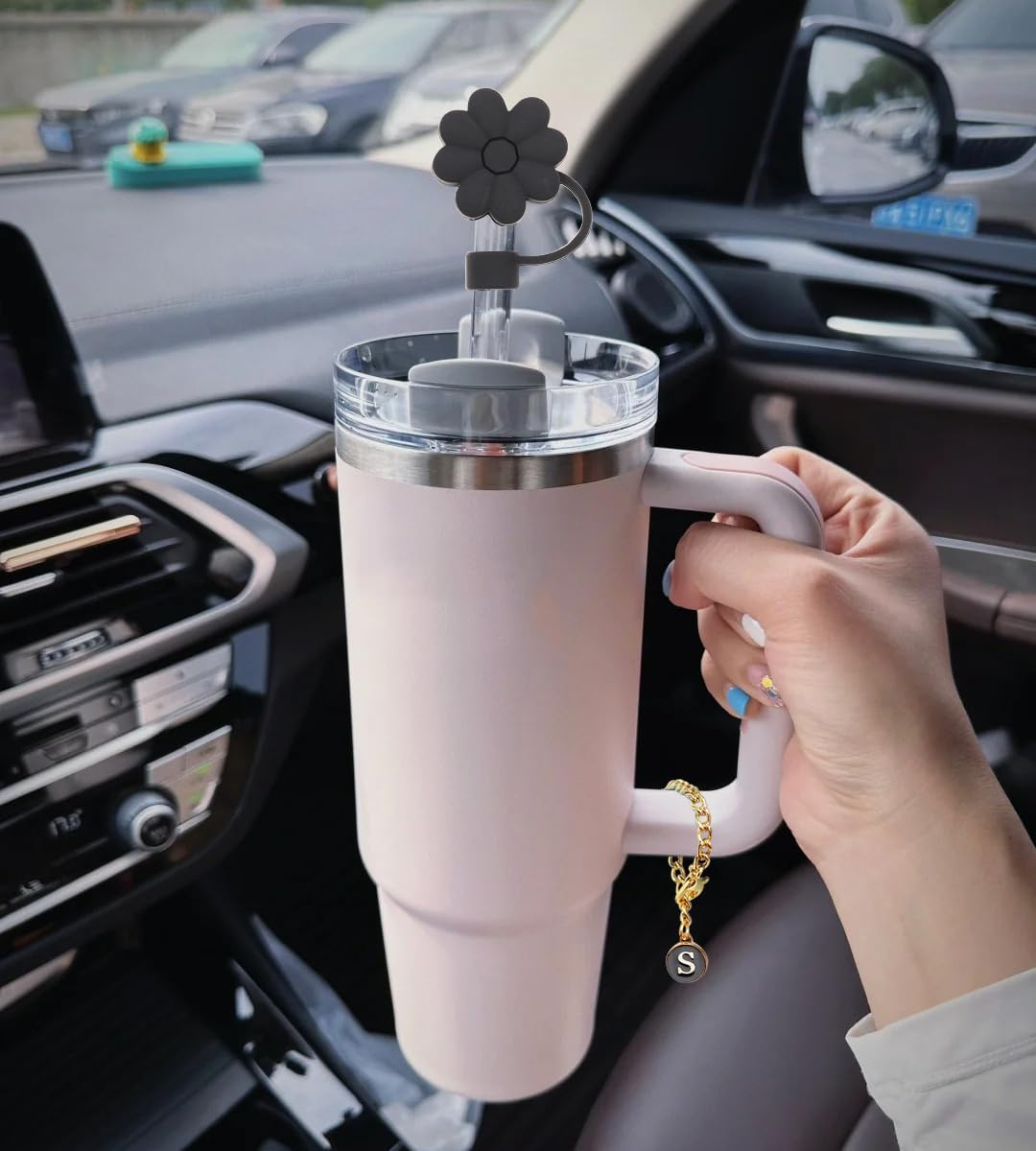 Stanley Cup Accessories, 1pc Flower Stanley Straw Cover Silicone Straw Topper for Stanley 30&40 oz Tumbler with Handle and 1pc Initial Letter Charm for Stanley Cup (Letter S)