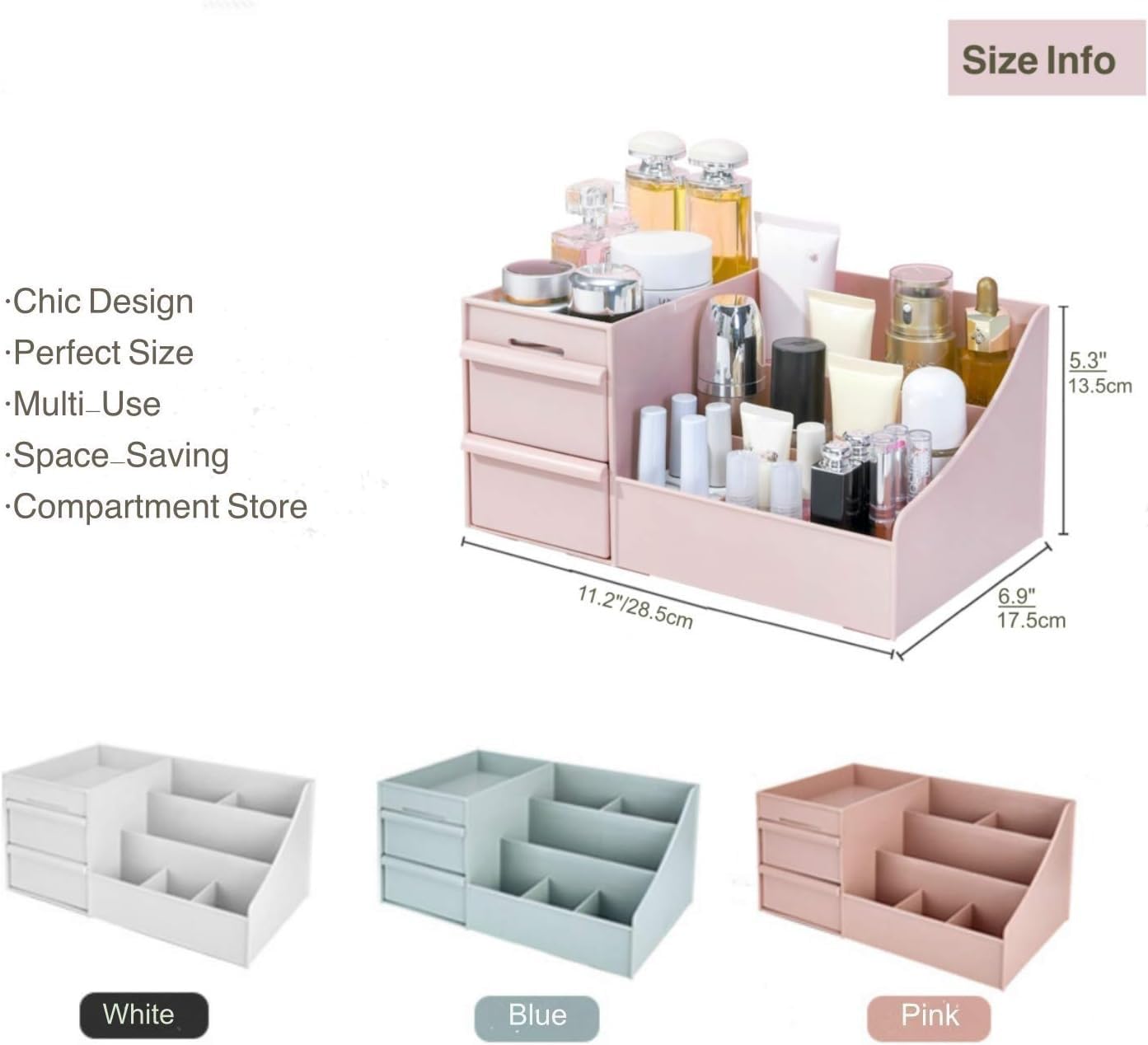 Simbuy Makeup Organizer for Vanity— Bathroom Countertop Cosmetics Organizer with Drawers for Lipstick, Brushes, Lotions, Eyeshadow, Nail Polish and Jewelry (Pink)