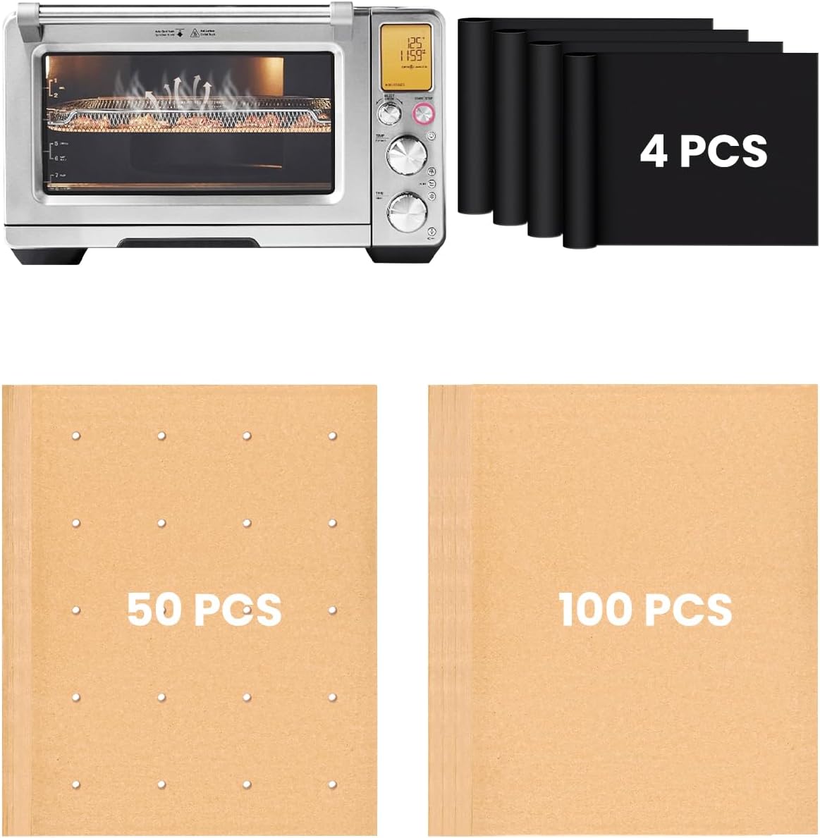 154PCs Air Fryer Liners Compatible with Breville BOV900BSS Smart Oven Air Fryer Pro, 100PCS Parchment Paper, 50PCS Perforated Liners, 4PCS Teflon Baking Mats Accessories for BOV900 Series